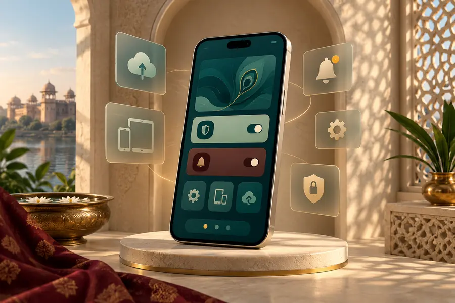 Roz Rummy mobile app concept on a warm Indian backdrop